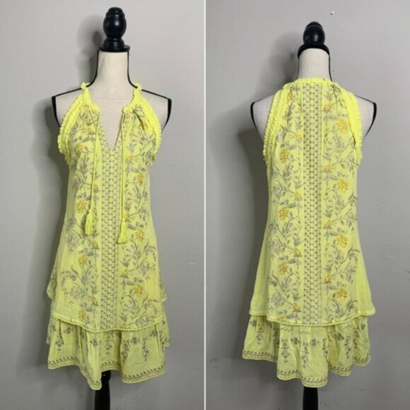 Hale Bob Yellow Embroidered Ruffle Hem Sleeveless Boho Mini Dress - Picture 12 of 13